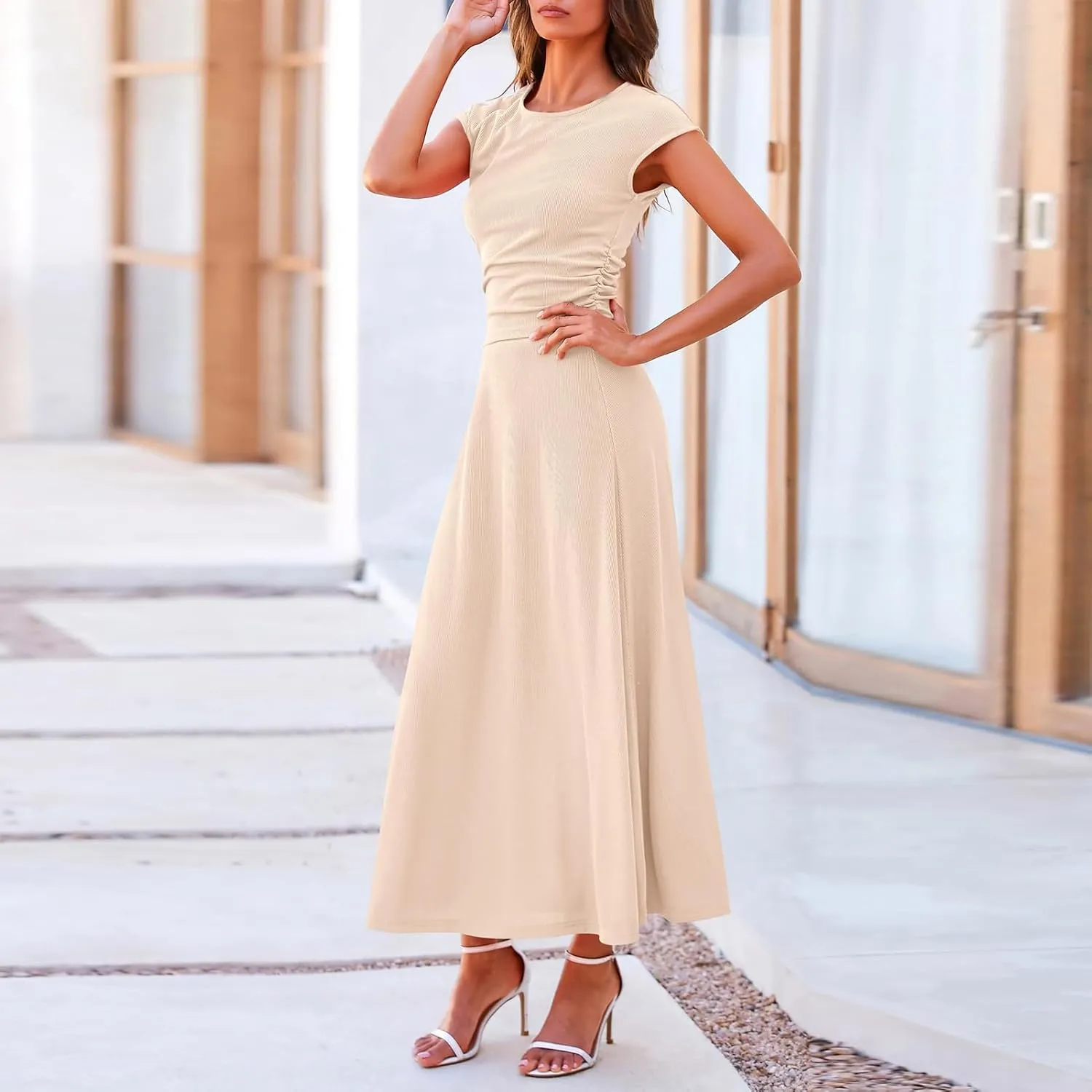 2 Piece Skirt Set Women Crew Neck Short Sleeve Cropped Top Elastic Waist Swing Skirts High Waist Maxi Skirt Set