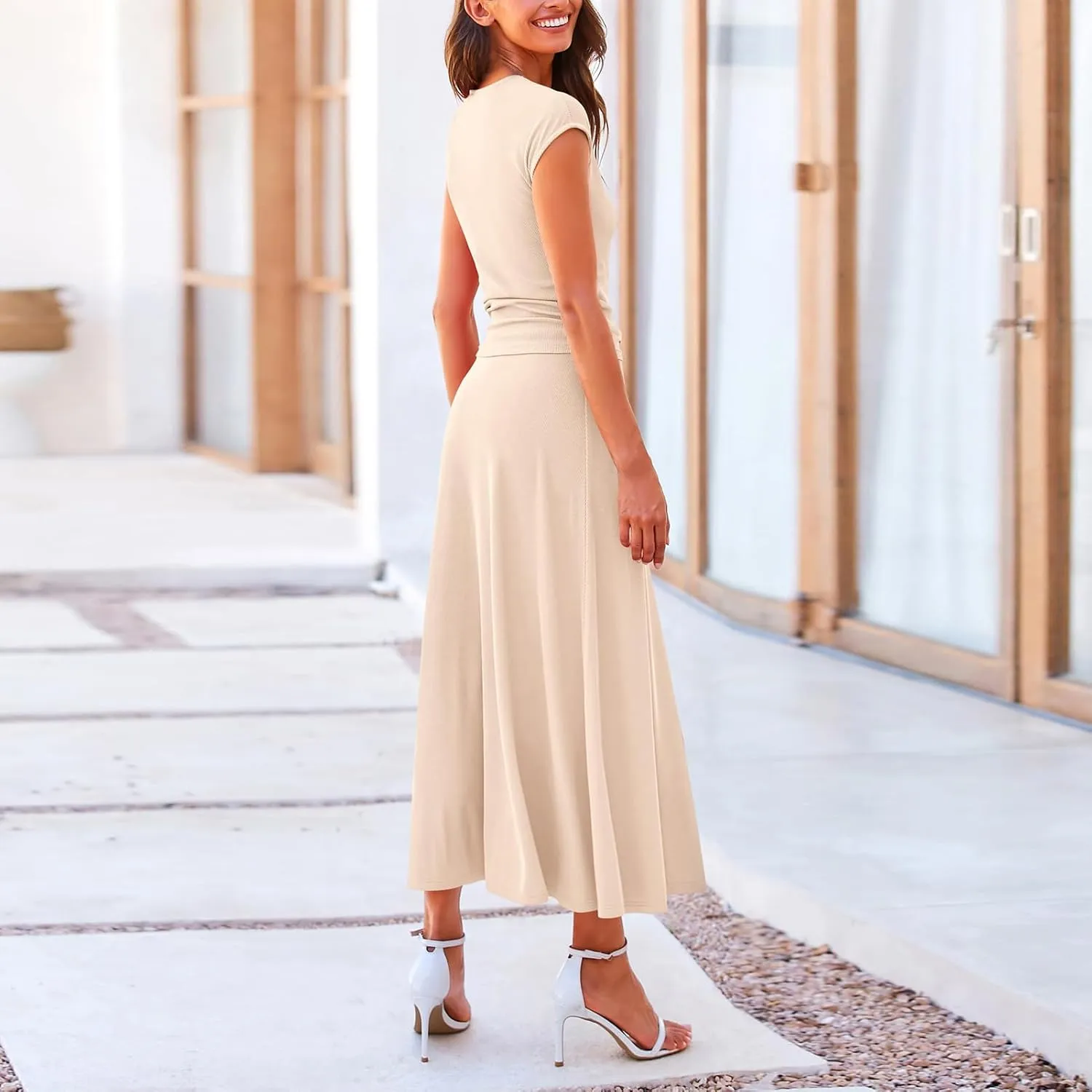 2 Piece Skirt Set Women Crew Neck Short Sleeve Cropped Top Elastic Waist Swing Skirts High Waist Maxi Skirt Set