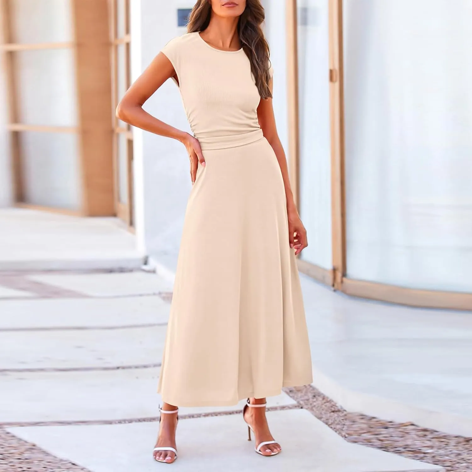2 Piece Skirt Set Women Crew Neck Short Sleeve Cropped Top Elastic Waist Swing Skirts High Waist Maxi Skirt Set