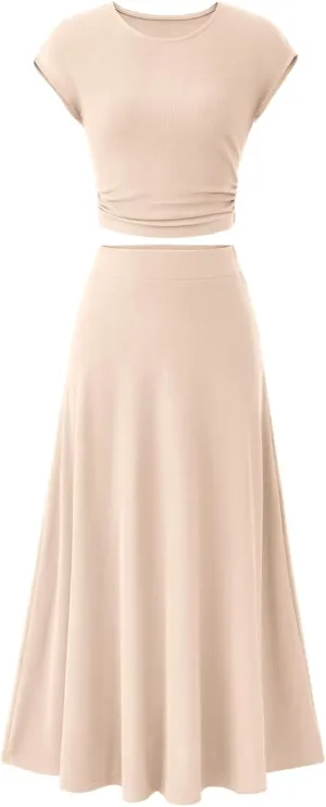 2 Piece Skirt Set Women Crew Neck Short Sleeve Cropped Top Elastic Waist Swing Skirts High Waist Maxi Skirt Set