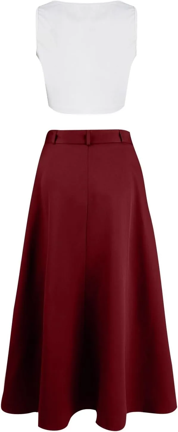 2 Piece Skirt Sets for Women Sleeveless Scoop Neck Crop Tank Tops Zipper High Slit Midi Flowy Skirts Matching Sets