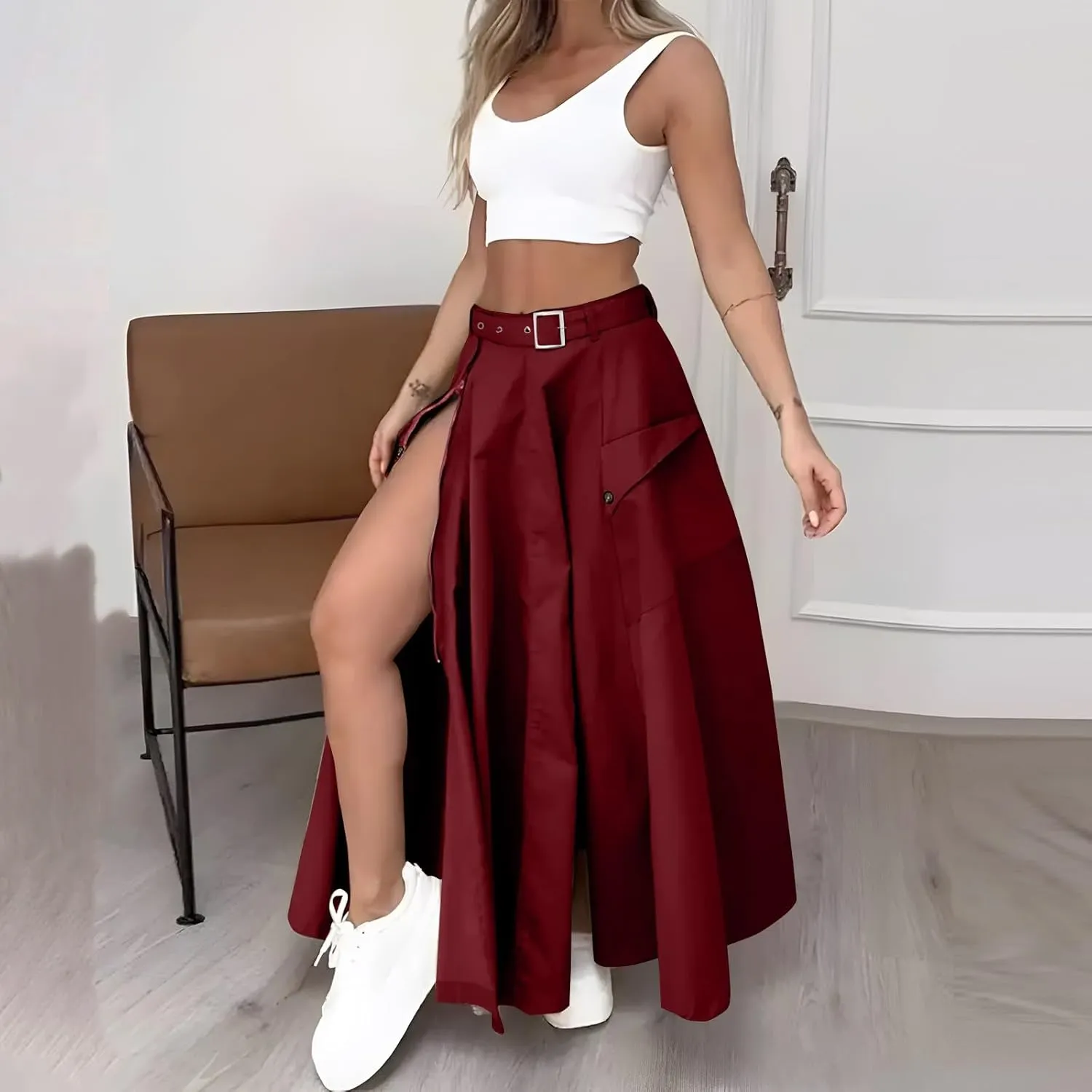 2 Piece Skirt Sets for Women Sleeveless Scoop Neck Crop Tank Tops Zipper High Slit Midi Flowy Skirts Matching Sets