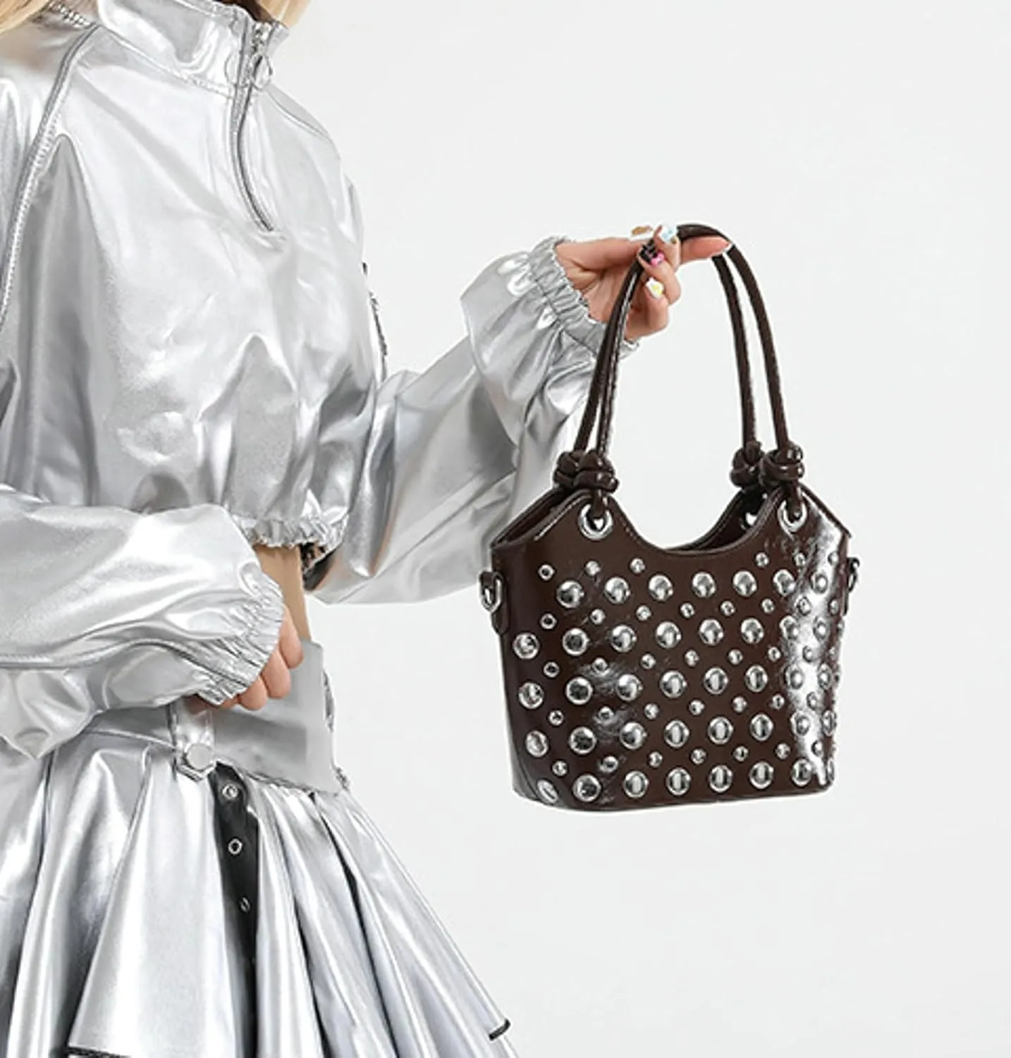 2025 Womens Handbag Polka Dot Studded Satchel Bag Mini Bucket Purse Top Handle Shoulder Work Commute