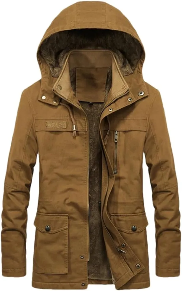 Adhdyuud Mens Thick Warm Military Cargo Coat Winter Casual Cotton Padded Parkas Multi-Pocket Hoodies Jacket