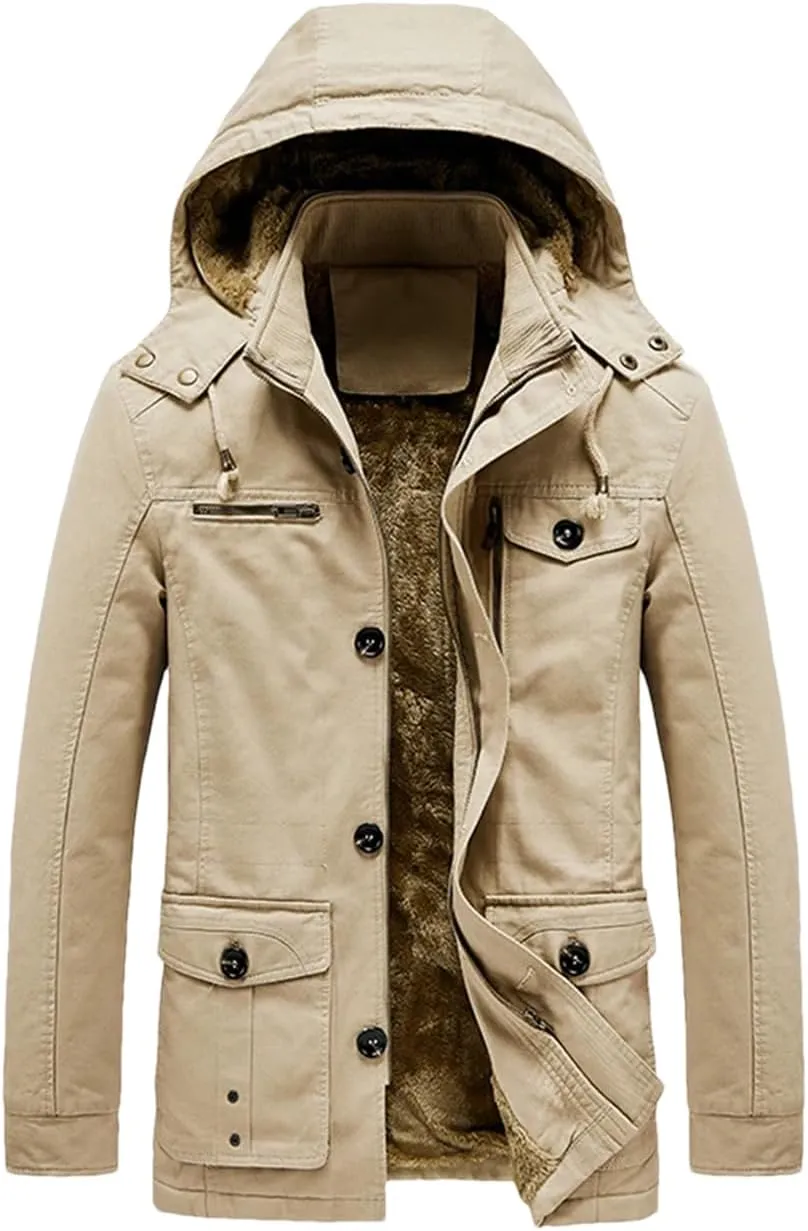 Adhdyuud Mens Thick Warm Military Cargo Coat Winter Casual Cotton Padded Parkas Multi-Pocket Hoodies Jacket