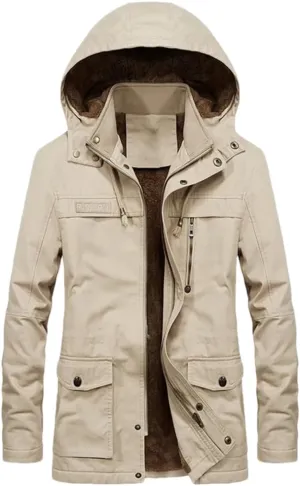 Adhdyuud Mens Thick Warm Military Cargo Coat Winter Casual Cotton Padded Parkas Multi-Pocket Hoodies Jacket