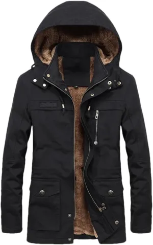 Adhdyuud Mens Thick Warm Military Cargo Coat Winter Casual Cotton Padded Parkas Multi-Pocket Hoodies Jacket