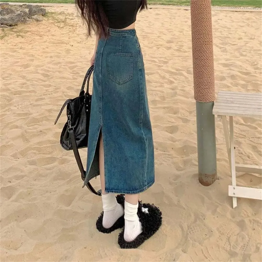 Adhdyuud Women Back Slit Mid-Length A-Line Denim Skirt High-Waisted Slimming Long Jean Skirts