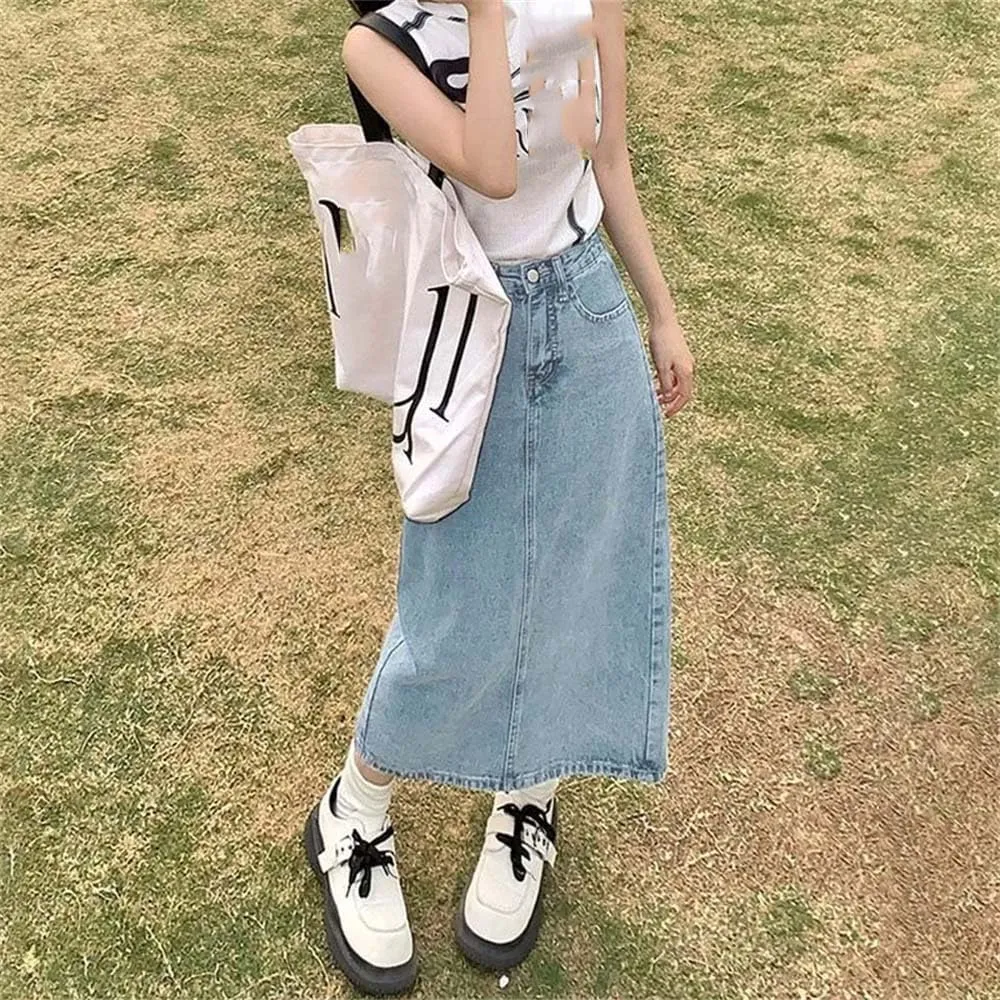 Adhdyuud Women Back Slit Mid-Length A-Line Denim Skirt High-Waisted Slimming Long Jean Skirts