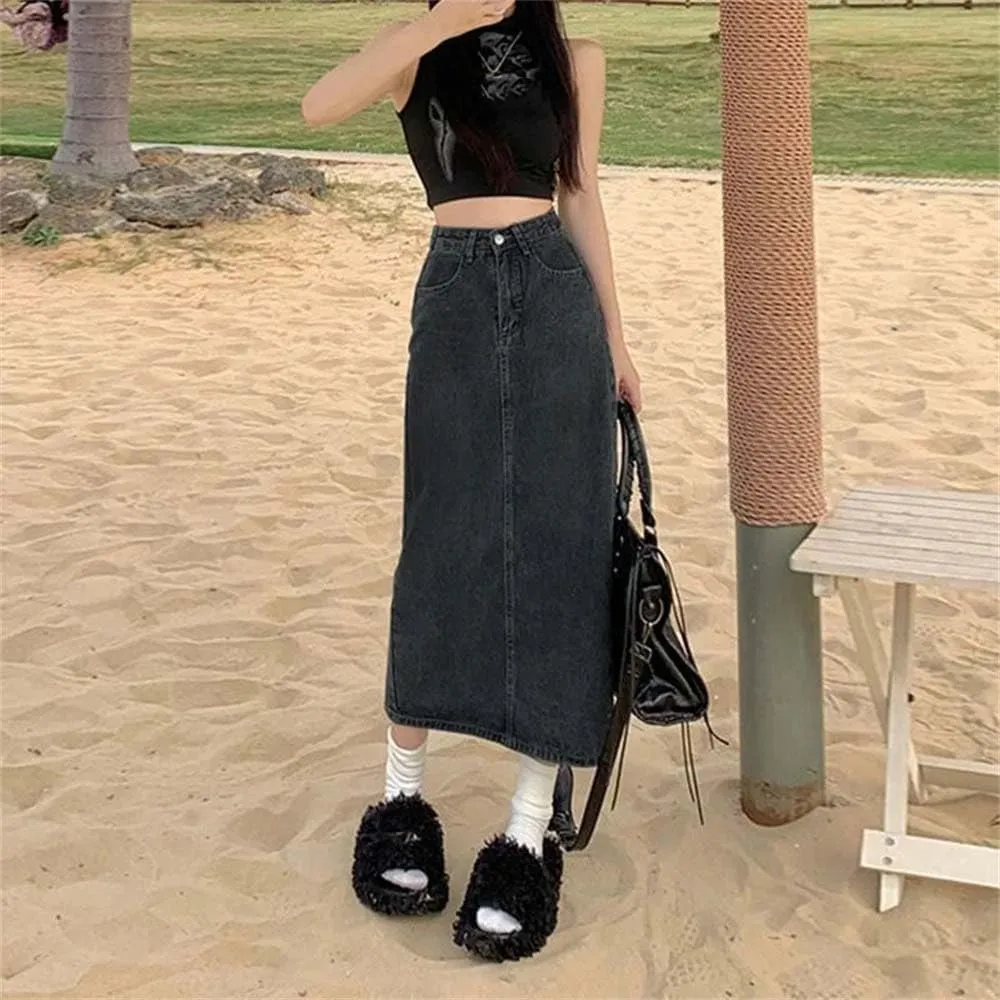 Adhdyuud Women Back Slit Mid-Length A-Line Denim Skirt High-Waisted Slimming Long Jean Skirts