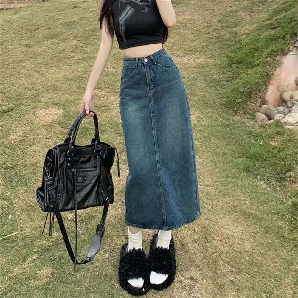 Adhdyuud Women Back Slit Mid-Length A-Line Denim Skirt High-Waisted Slimming Long Jean Skirts