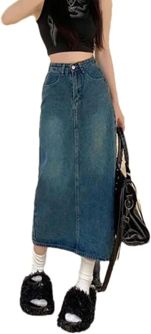 Adhdyuud Women Back Slit Mid-Length A-Line Denim Skirt High-Waisted Slimming Long Jean Skirts