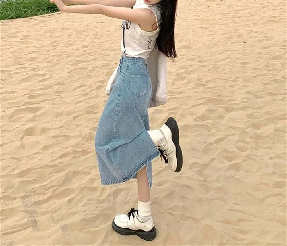 Adhdyuud Women Back Slit Mid-Length A-Line Denim Skirt High-Waisted Slimming Long Jean Skirts
