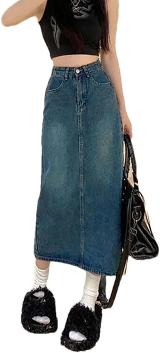 Adhdyuud Women Back Slit Mid-Length A-Line Denim Skirt High-Waisted Slimming Long Jean Skirts