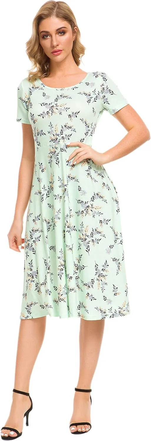 Afibi Floral Printed Petite Flared Midi Dresses for Women Short Sleeve