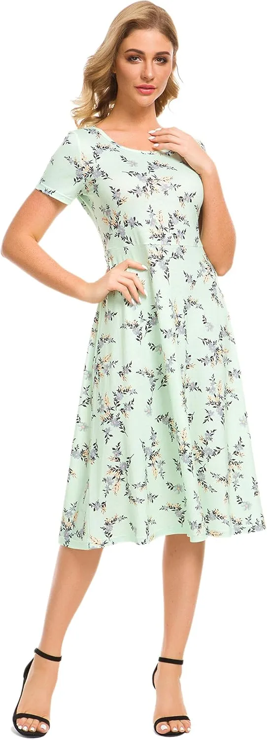 Afibi Floral Printed Petite Flared Midi Dresses for Women Short Sleeve