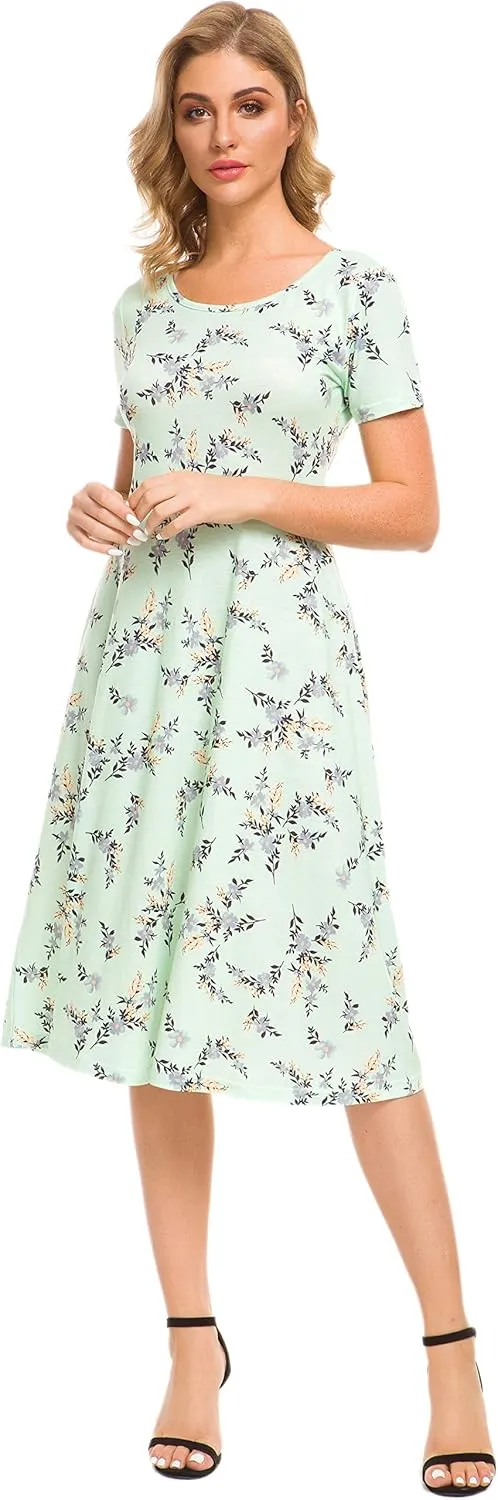 Afibi Floral Printed Petite Flared Midi Dresses for Women Short Sleeve