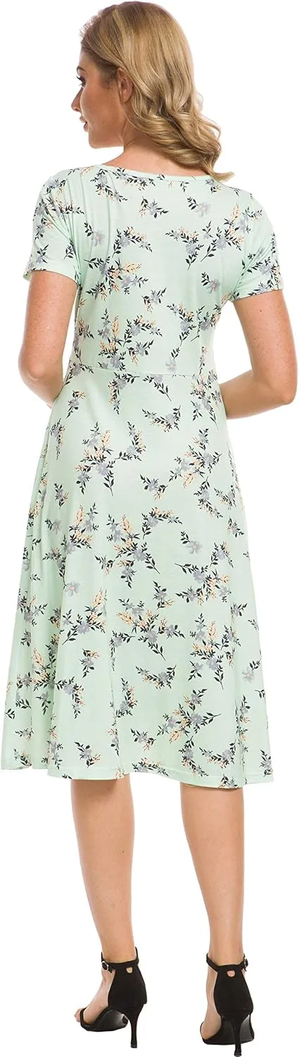 Afibi Floral Printed Petite Flared Midi Dresses for Women Short Sleeve