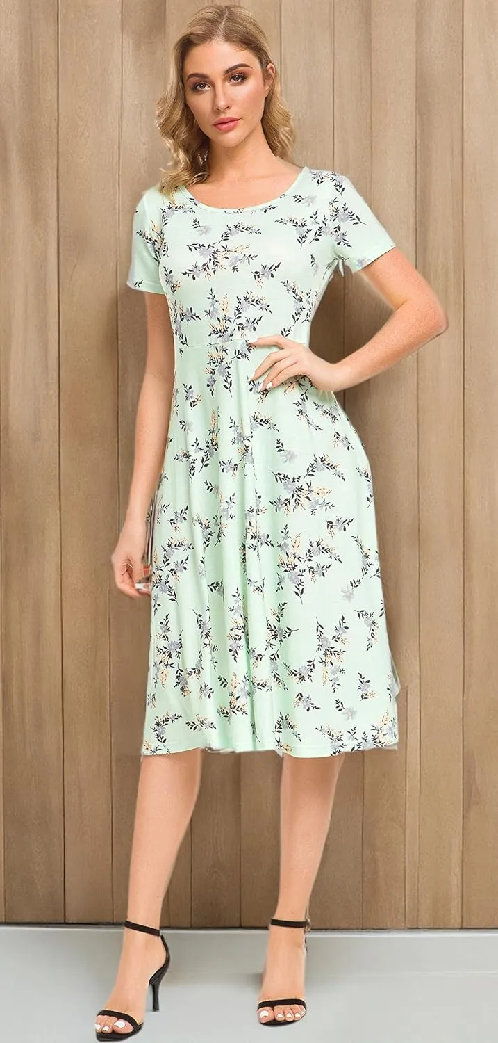 Afibi Floral Printed Petite Flared Midi Dresses for Women Short Sleeve