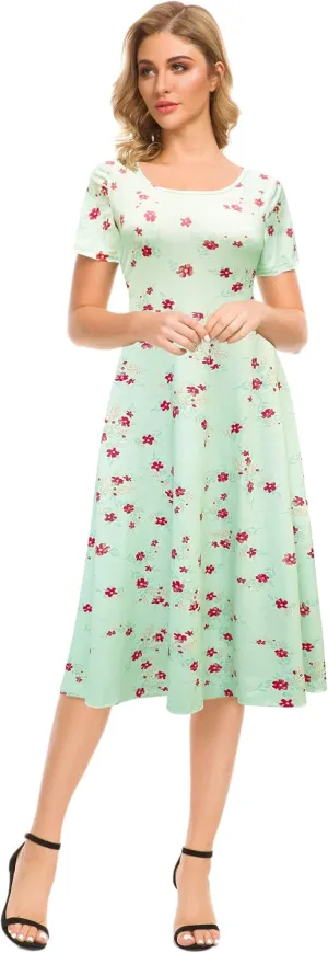 Afibi Floral Printed Petite Flared Midi Dresses for Women Short Sleeve