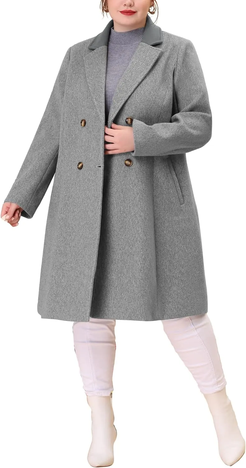 Agnes Orinda Plus Size Long Coats for Women Notched Lapel Winter Warm Double Breasted Coat