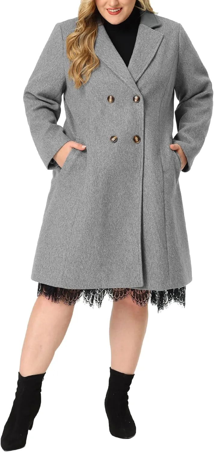 Agnes Orinda Plus Size Long Coats for Women Notched Lapel Winter Warm Double Breasted Coat