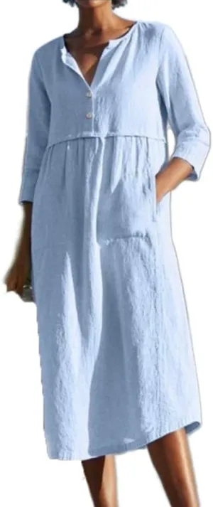 Akivide Womens Cotton Linen Casual Loose Midi Dress 3/4 Sleeve Flowy Beach Vacation Shirt Dresses with Pockets