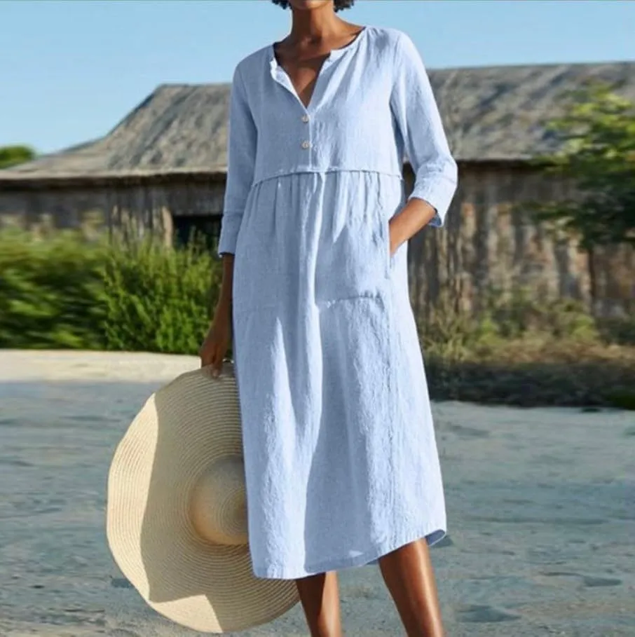 Akivide Womens Cotton Linen Casual Loose Midi Dress 3/4 Sleeve Flowy Beach Vacation Shirt Dresses with Pockets