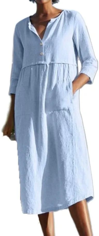 Akivide Womens Cotton Linen Casual Loose Midi Dress 3/4 Sleeve Flowy Beach Vacation Shirt Dresses with Pockets