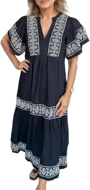 Akivide Women's Summer Boho Flutter Short Sleeve Midi Dress Flowy Casual Ruffle Tiered Beach Vacation Dress with Pockets