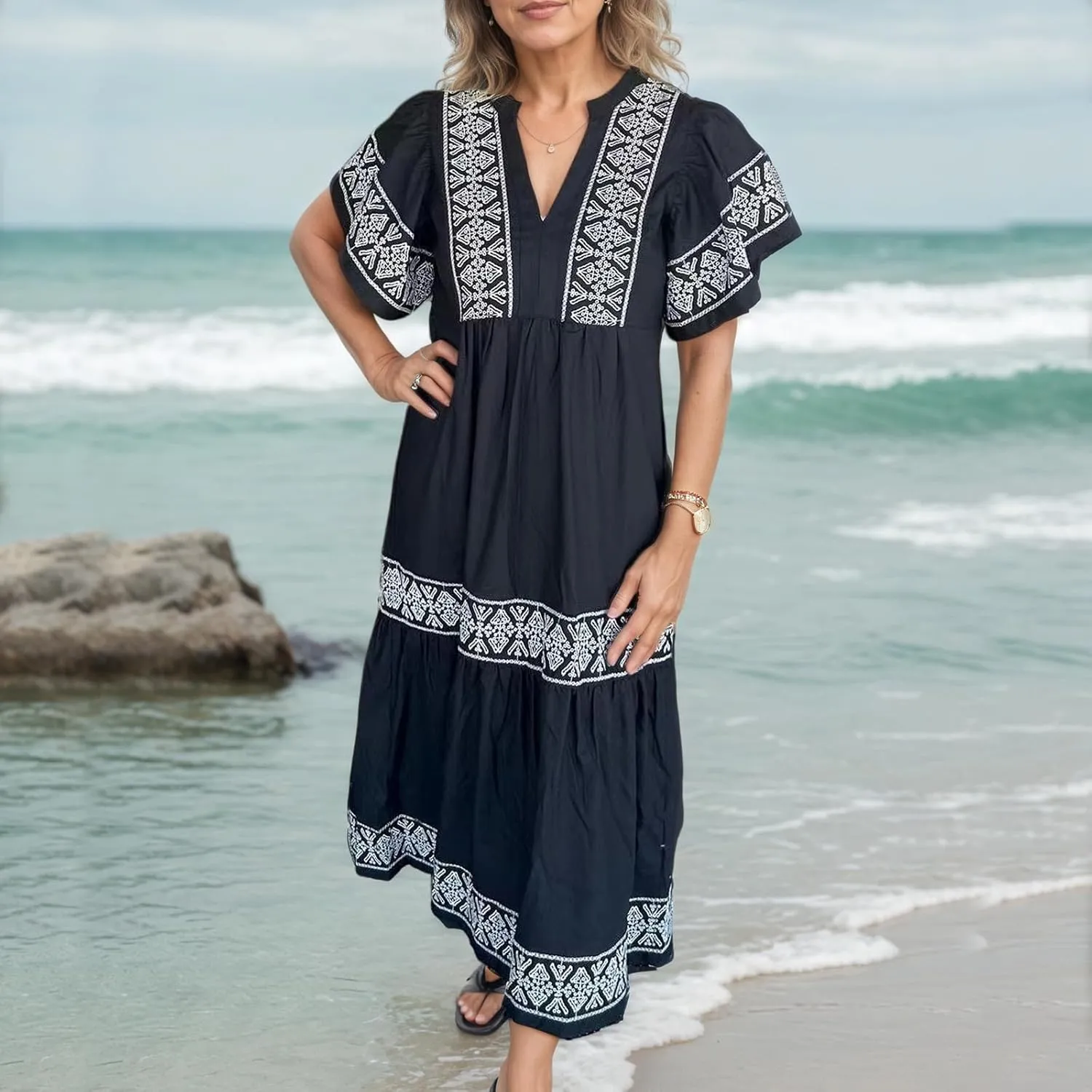 Akivide Women's Summer Boho Flutter Short Sleeve Midi Dress Flowy Casual Ruffle Tiered Beach Vacation Dress with Pockets