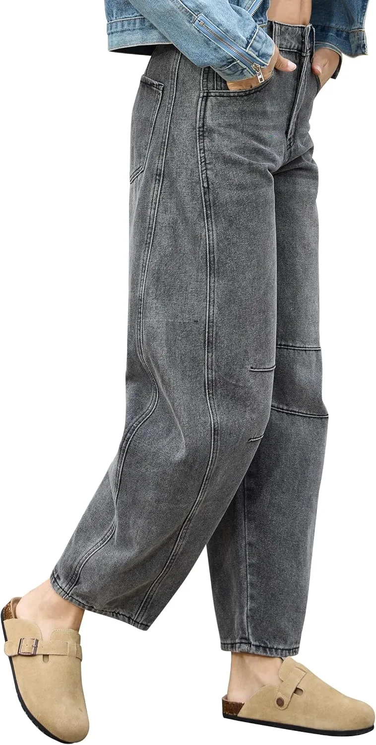 ALLABREVE Barrel Jeans for Women Trendy High Waisted Wide Leg Baggy Boyfriend Jeans (Runs Small, Order One Size Up)