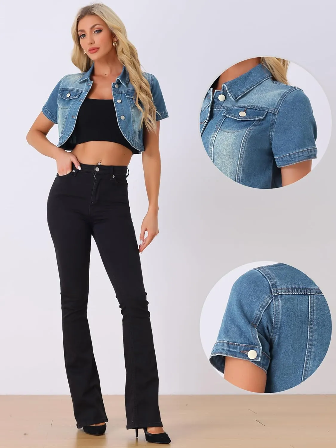 Allegra K Casual Denim Jacket for Women's Turndown Collar Short Sleeves Crop Jean Jackets