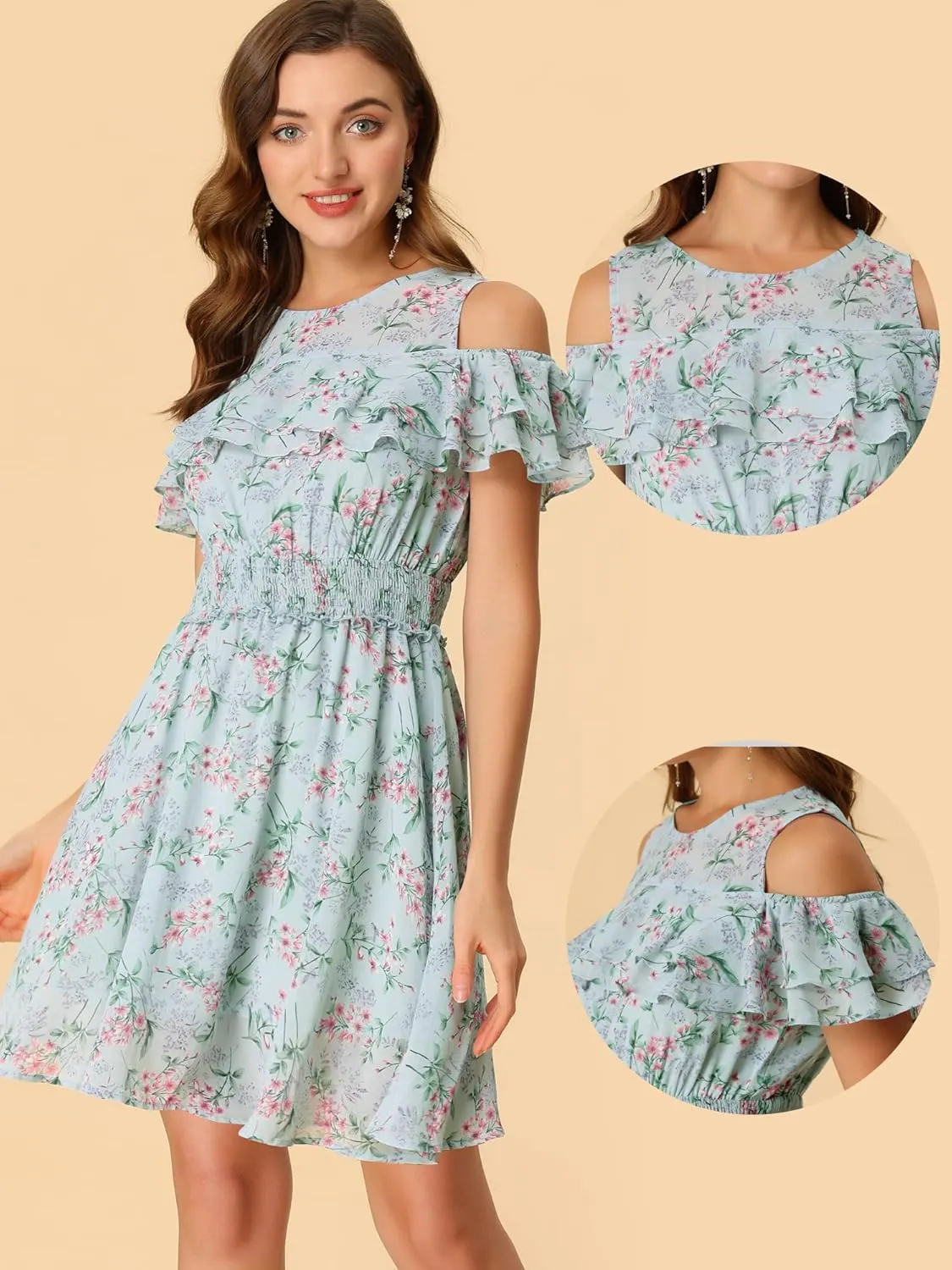 Allegra K Cold Shoulder Dresses for Women's Summer Smocked Waist Chiffon Floral Mini Dress