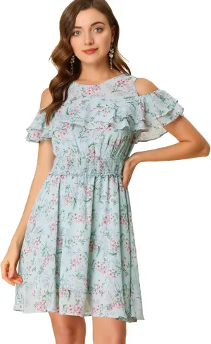 Allegra K Cold Shoulder Dresses for Women's Summer Smocked Waist Chiffon Floral Mini Dress