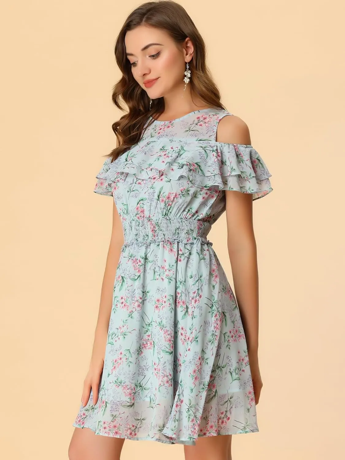 Allegra K Cold Shoulder Dresses for Women's Summer Smocked Waist Chiffon Floral Mini Dress