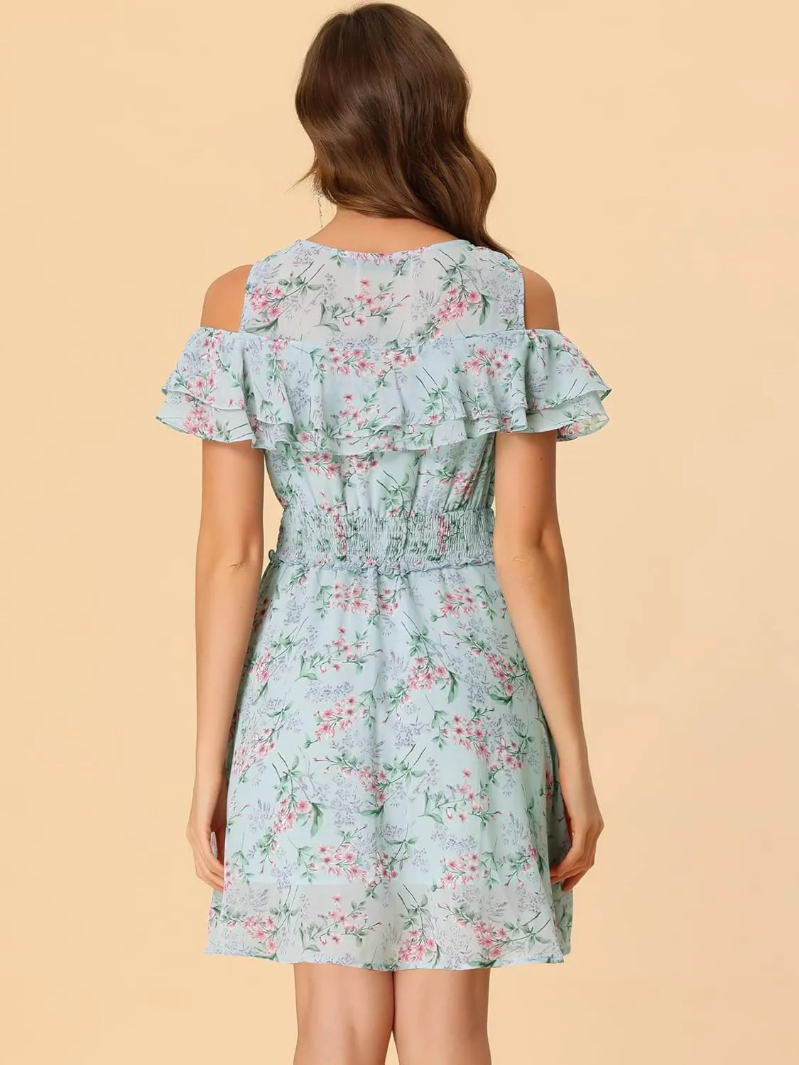 Allegra K Cold Shoulder Dresses for Women's Summer Smocked Waist Chiffon Floral Mini Dress