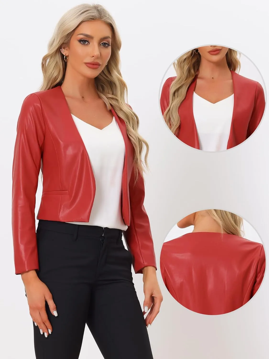 Allegra K Faux Leather Crop Blazer for Women's Collarless Open Front PU Moto Biker Jackets