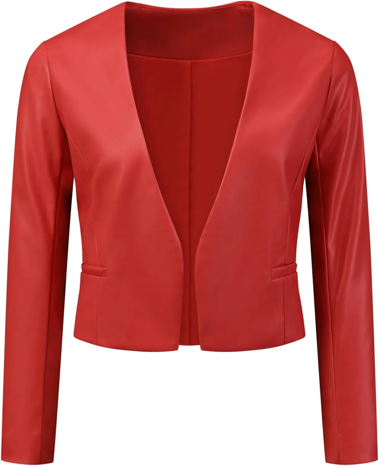 Allegra K Faux Leather Crop Blazer for Women's Collarless Open Front PU Moto Biker Jackets