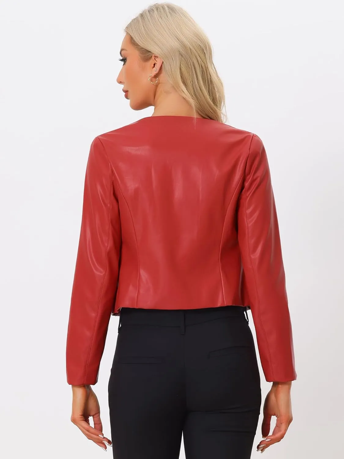 Allegra K Faux Leather Crop Blazer for Women's Collarless Open Front PU Moto Biker Jackets