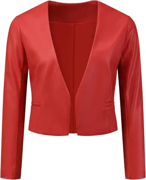 Allegra K Faux Leather Crop Blazer for Women's Collarless Open Front PU Moto Biker Jackets