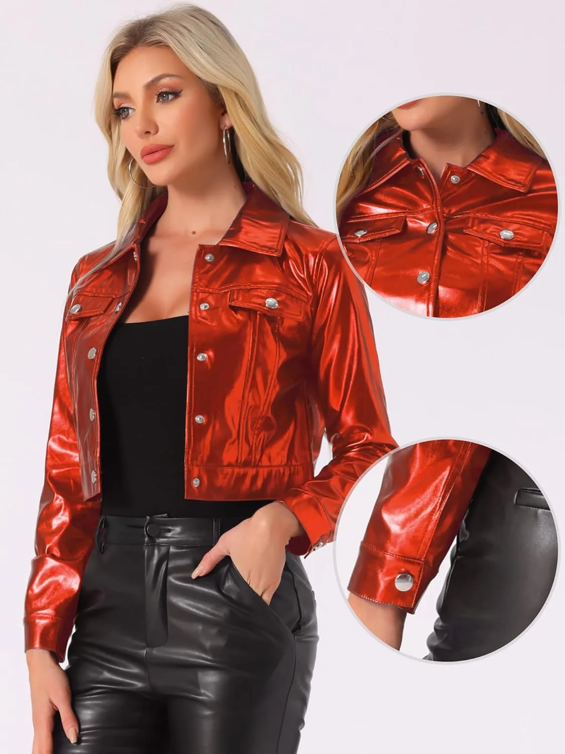 Allegra K Metallic Jacket for Women's Moto Biker Jacket Holographic Shiny Crop Party Jackets