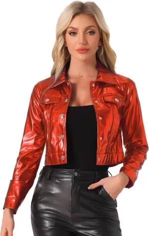 Allegra K Metallic Jacket for Women's Moto Biker Jacket Holographic Shiny Crop Party Jackets