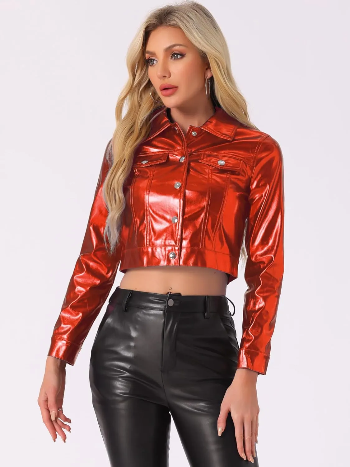 Allegra K Metallic Jacket for Women's Moto Biker Jacket Holographic Shiny Crop Party Jackets