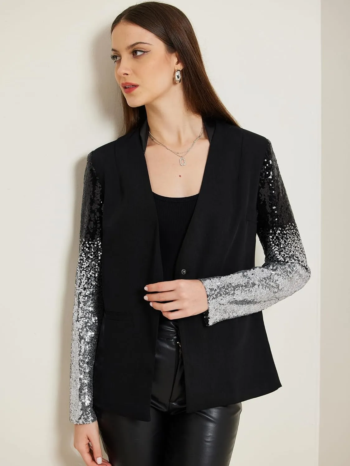 Allegra K Party Jackets for Women's Shiny Sequin Long Sleeves Sparkle Casual Blazer Jacket