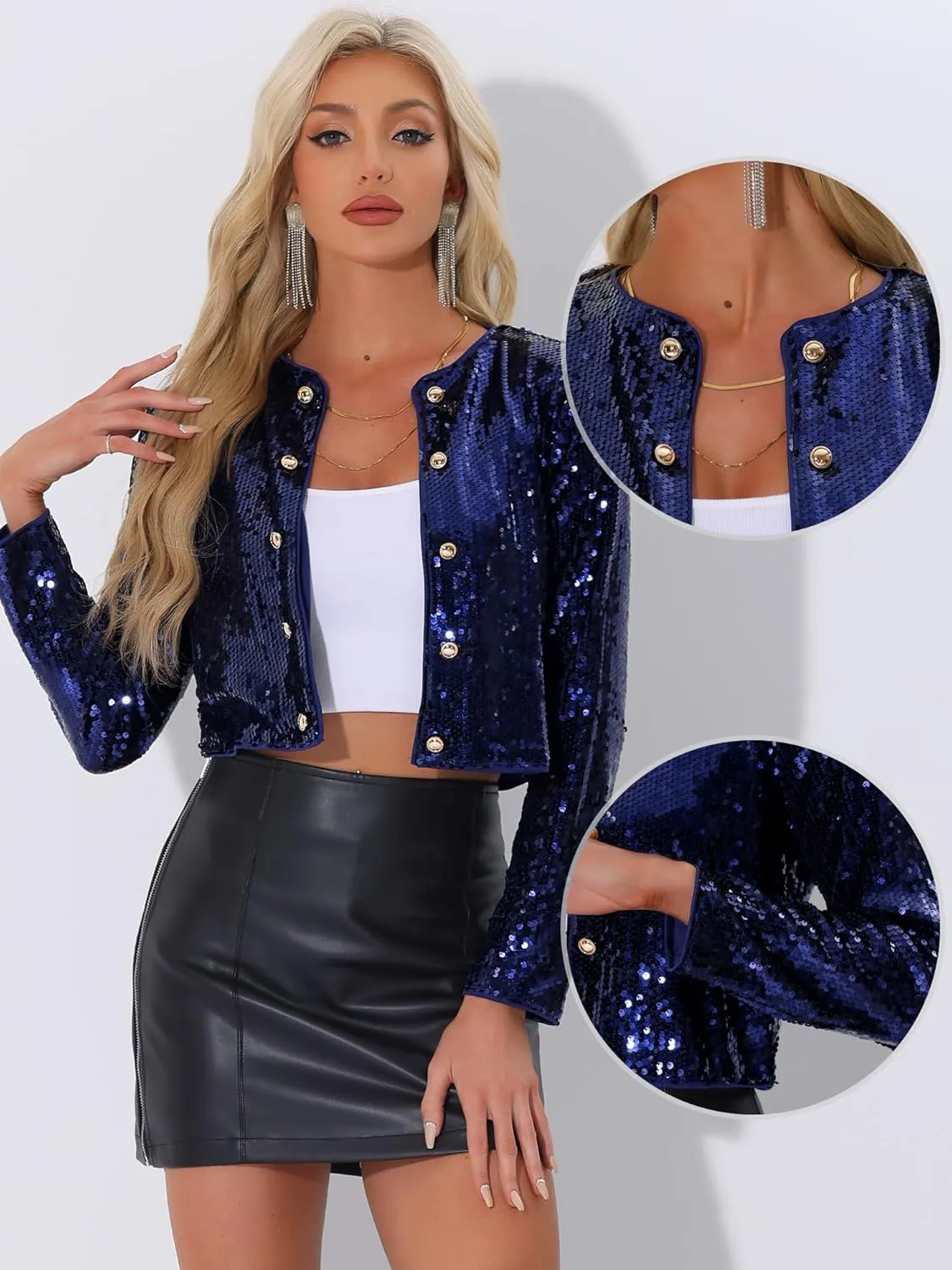Allegra K Sequin Cardigan for Women's Long Sleeve Open Front Button Party Club Cropped Jackets