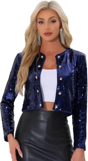 Allegra K Sequin Cardigan for Women's Long Sleeve Open Front Button Party Club Cropped Jackets