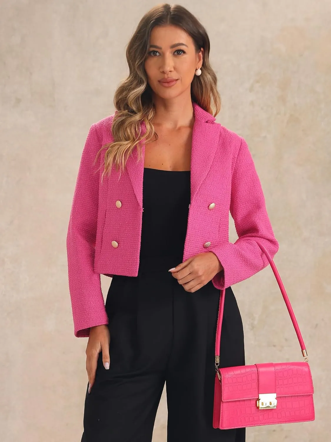 Allegra K Tweed Cardigan for Women's Notch Lapel Buttons Office Long Sleeve Casual Blazer Jackets