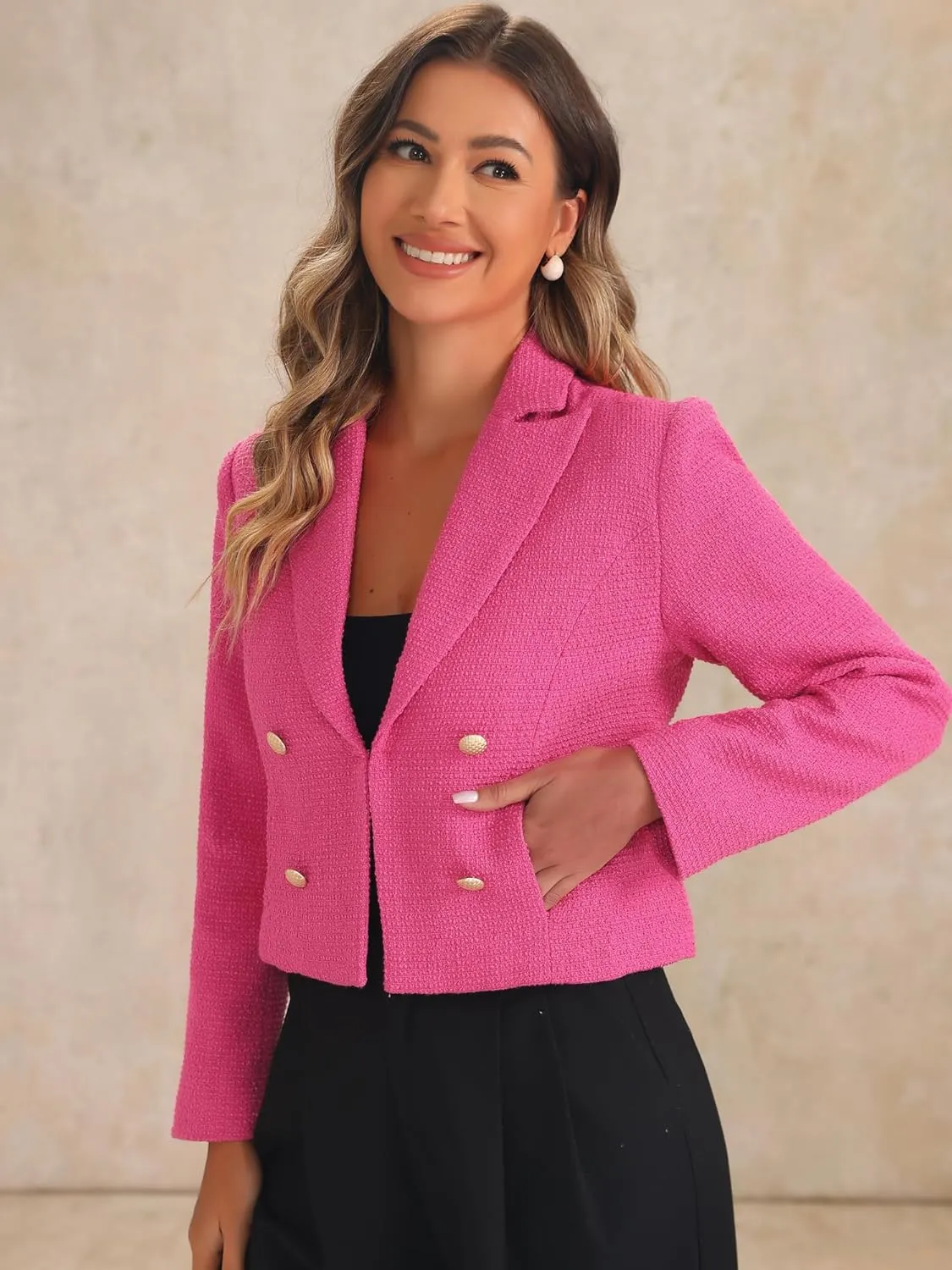 Allegra K Tweed Cardigan for Women's Notch Lapel Buttons Office Long Sleeve Casual Blazer Jackets