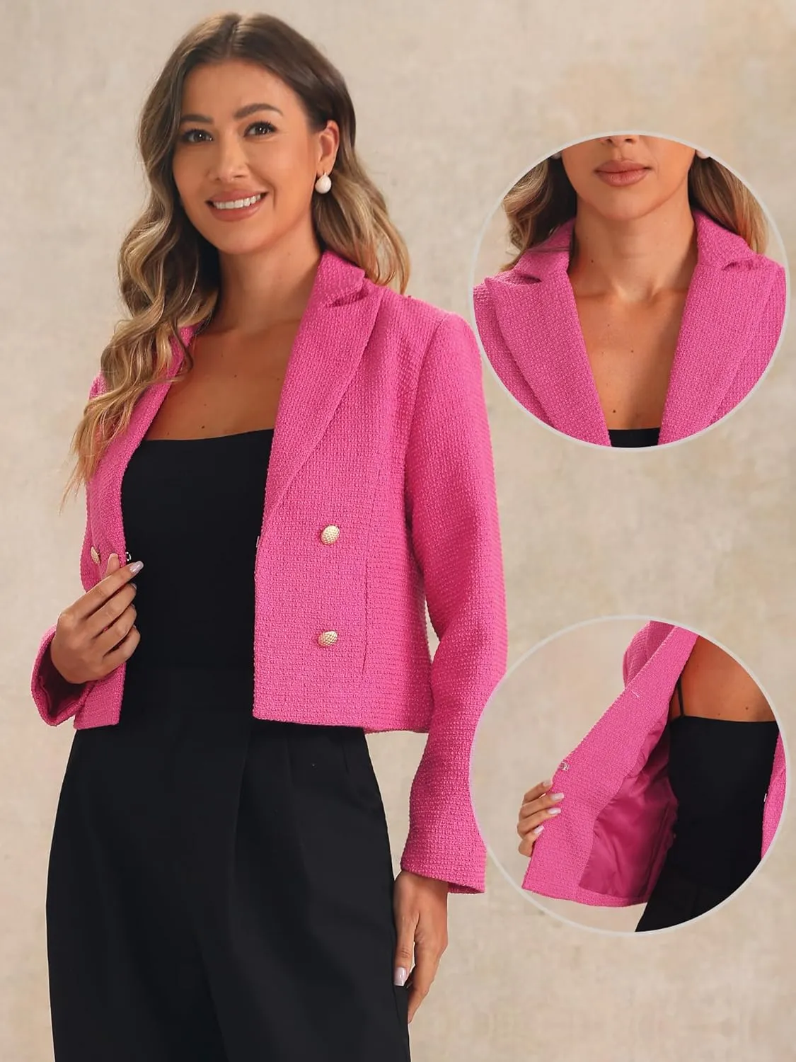 Allegra K Tweed Cardigan for Women's Notch Lapel Buttons Office Long Sleeve Casual Blazer Jackets